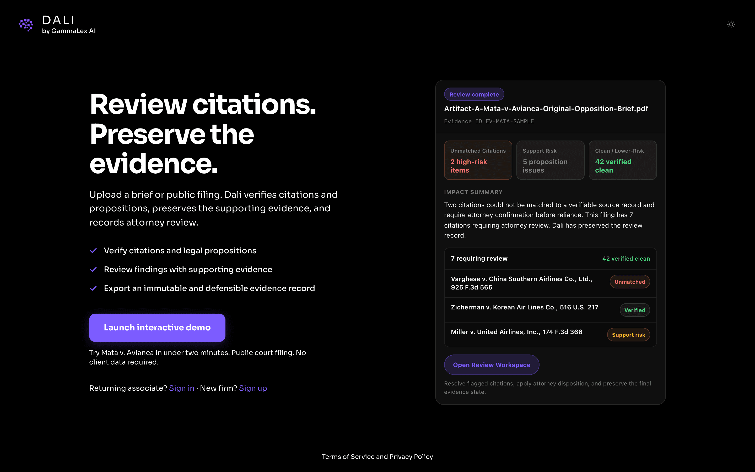 Dali citation review interface with verified and unmatched authorities