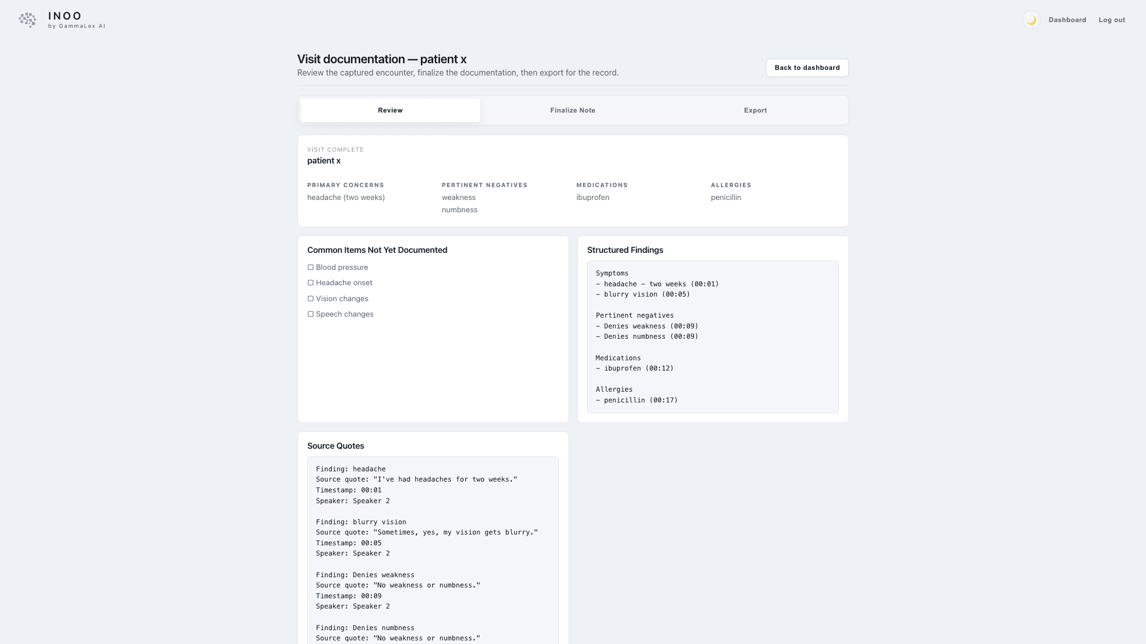 Inoo visit documentation with structured findings, source quotes, and clinician review workflow