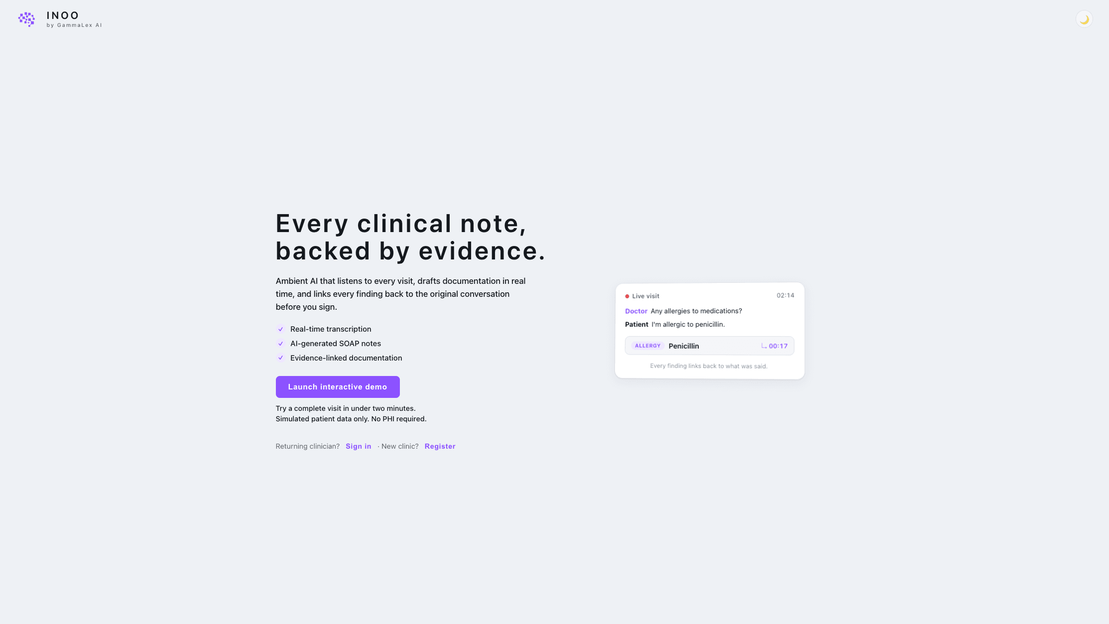 Inoo product interface with live visit transcription and evidence-linked findings